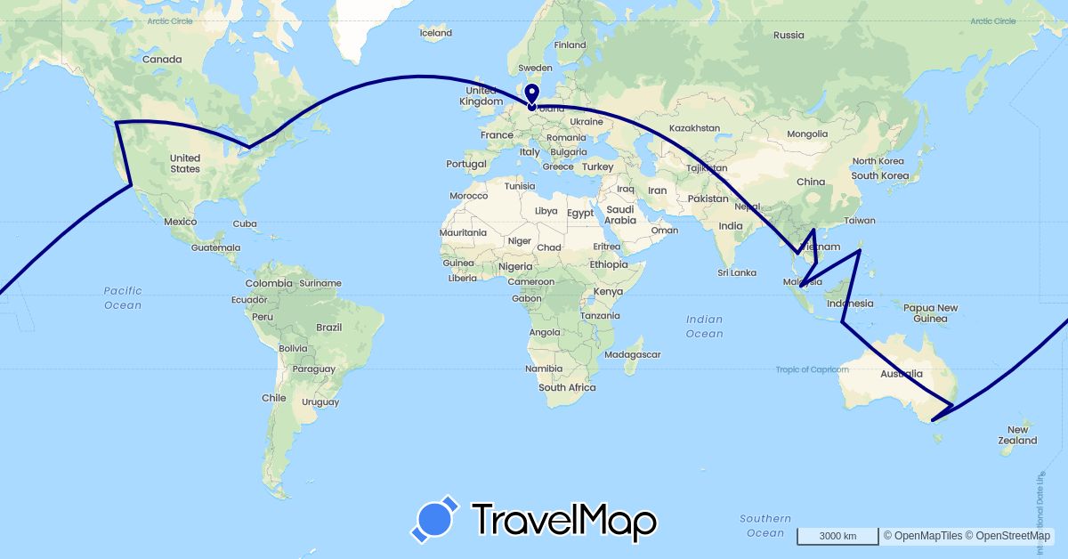 TravelMap itinerary: driving in Australia, Canada, Germany, Indonesia, Malaysia, Nepal, Philippines, Thailand, United States, Vietnam (Asia, Europe, North America, Oceania)