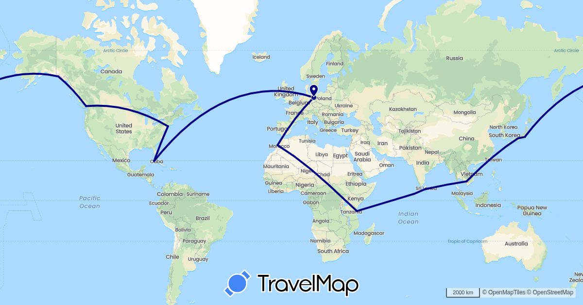 TravelMap itinerary: driving in Canada, Cuba, Germany, Japan, Cambodia, Sri Lanka, Morocco, Maldives, Tanzania, United States (Africa, Asia, Europe, North America)