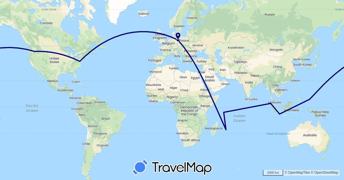 TravelMap itinerary: driving in Germany, Indonesia, Mauritius, Palau, Seychelles, United States (Africa, Asia, Europe, North America, Oceania)