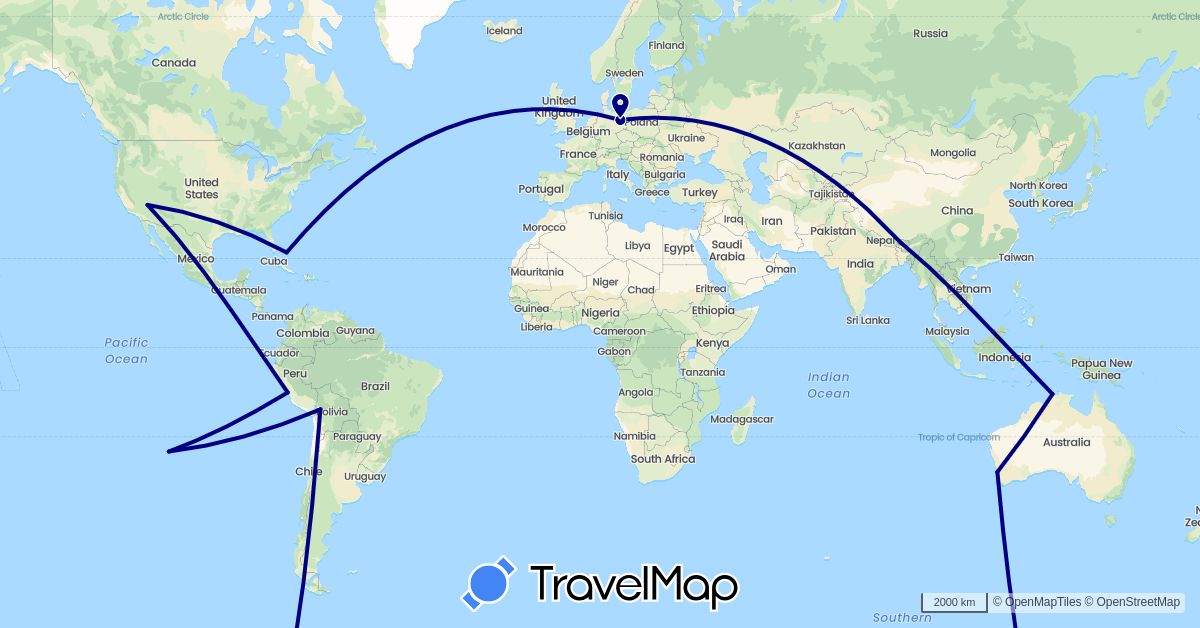TravelMap itinerary: driving in Australia, Bolivia, Bahamas, Bhutan, Chile, Germany, Peru, United States (Asia, Europe, North America, Oceania, South America)