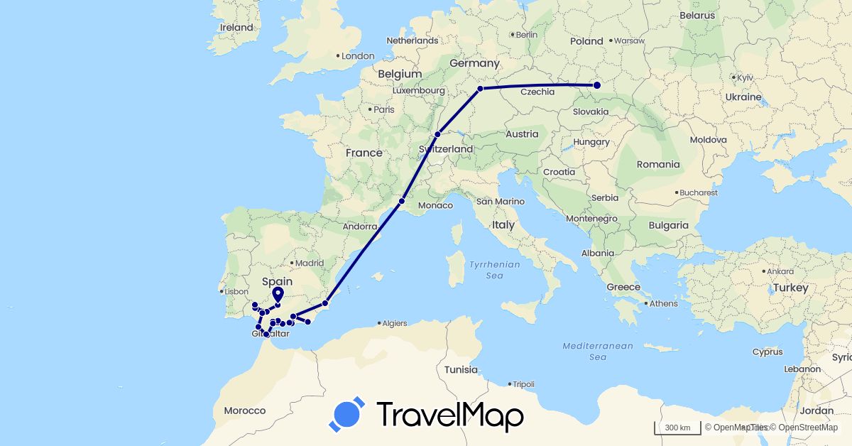 TravelMap itinerary: driving in Switzerland, Germany, Spain, France, Poland (Europe)