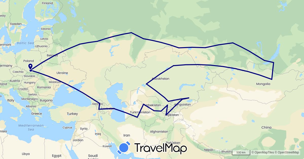 TravelMap itinerary: driving in Armenia, Azerbaijan, Georgia, Kyrgyzstan, Kazakhstan, Mongolia, Poland, Russia, Tajikistan, Turkmenistan, Uzbekistan (Asia, Europe)