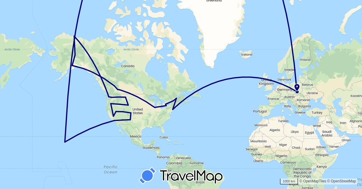TravelMap itinerary: driving in Canada, Poland, United States (Europe, North America)