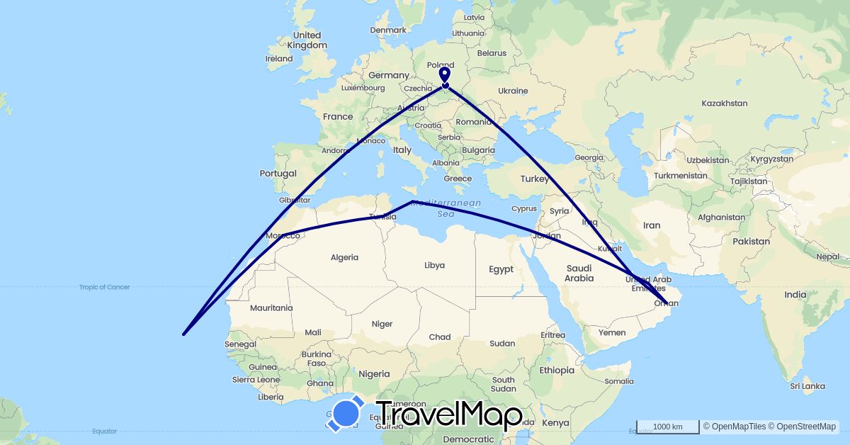 TravelMap itinerary: driving in United Arab Emirates, Cape Verde, Kuwait, Morocco, Malta, Oman, Poland, Qatar, Tunisia (Africa, Asia, Europe)