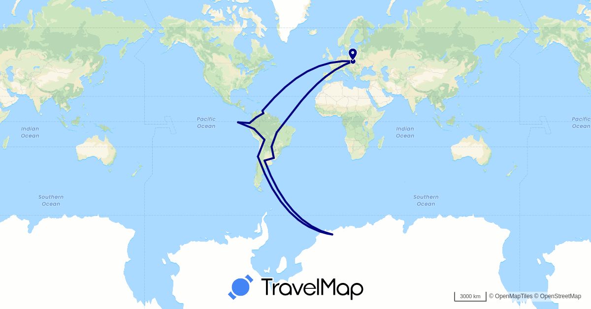 TravelMap itinerary: driving in Bolivia, Brazil, Chile, Colombia, Ecuador, Peru, Poland, Paraguay, Uruguay, Venezuela (Europe, South America)