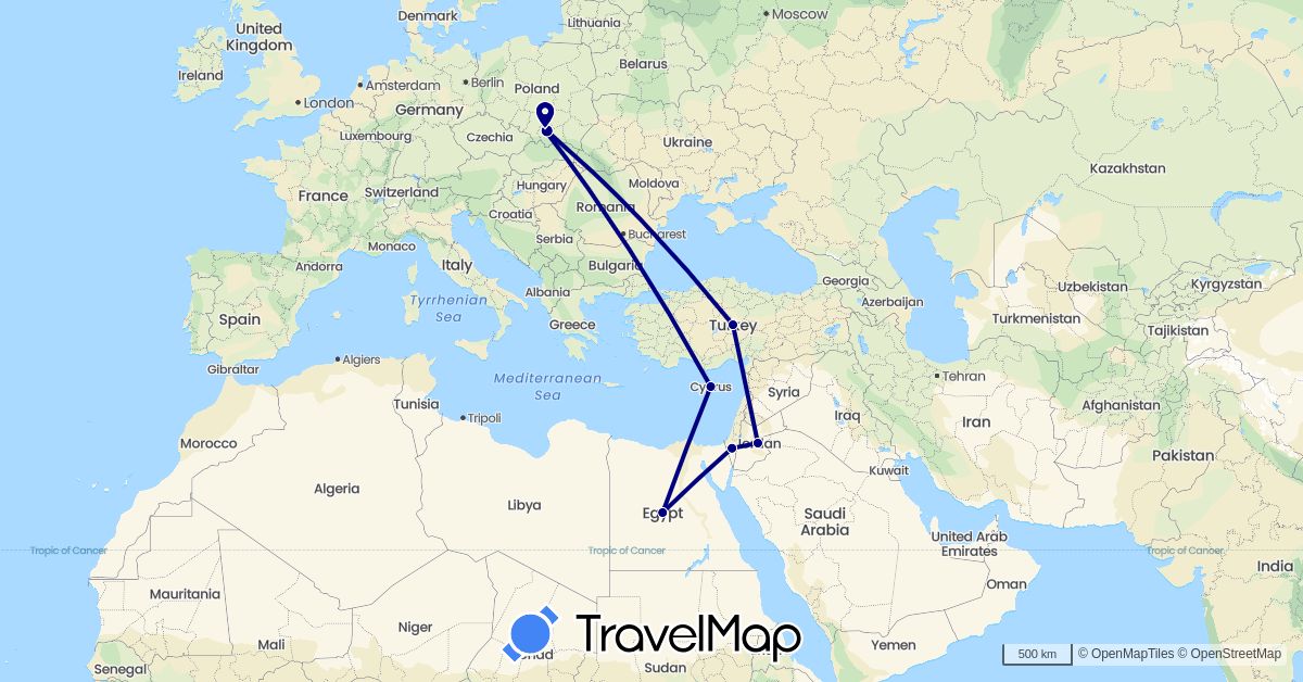 TravelMap itinerary: driving in Cyprus, Egypt, Israel, Jordan, Poland (Africa, Asia, Europe)