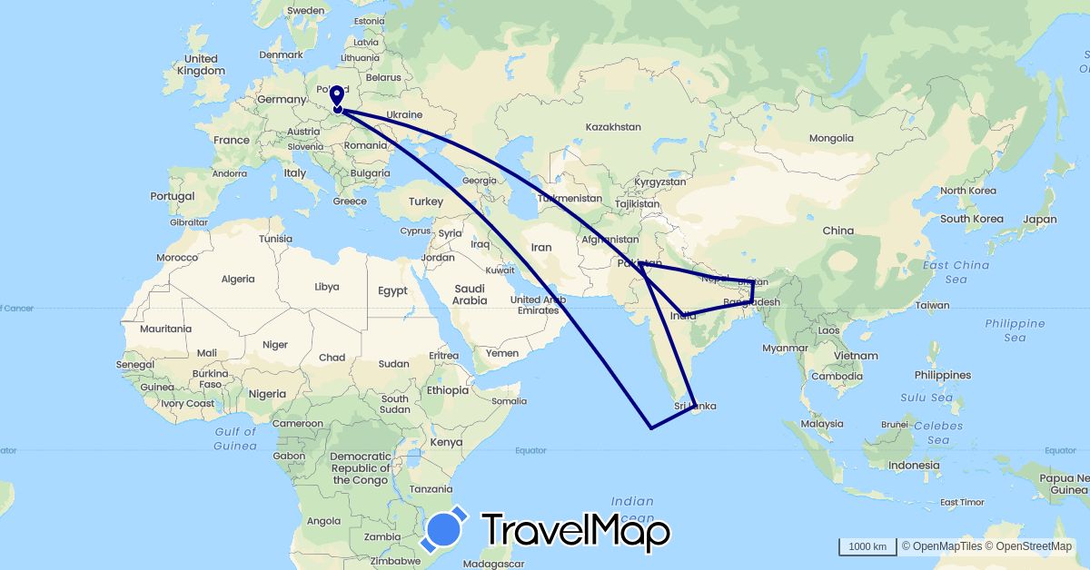 TravelMap itinerary: driving in Bangladesh, Bhutan, India, Sri Lanka, Nepal, Pakistan, Poland (Asia, Europe)