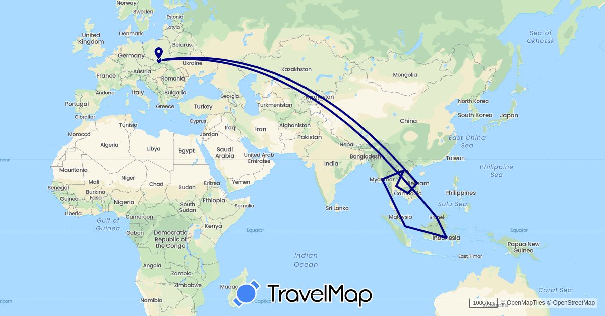 TravelMap itinerary: driving in Brunei, Indonesia, Laos, Myanmar (Burma), Malaysia, Poland, Singapore, Thailand (Asia, Europe)