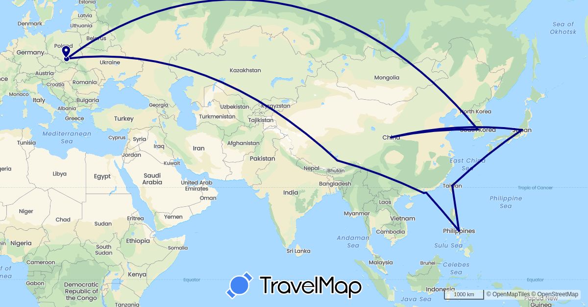 TravelMap itinerary: driving in China, Japan, South Korea, Philippines, Poland, Taiwan (Asia, Europe)