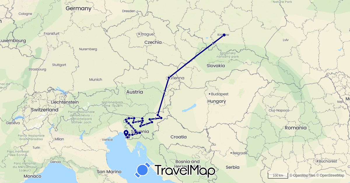 TravelMap itinerary: driving in Austria, Italy, Poland, Slovenia (Europe)